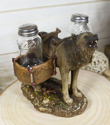 #ad Full Moon Alpha Gray Wolf With Saddlebags Salt amp; Pepper Shakers Holder Figurine $31.99