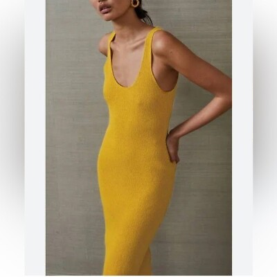#ad HOUSE OF HARLOW 1960 Knit Ribbed V Neck Midi Dress in Yellow Size XS $35.00