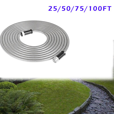 #ad 25 100FT Stainless Steel Metal Water Hose Pipe Flexible Lightweight Garden $35.62