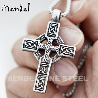 #ad MENDEL Mens Irish Celtic Trinity Knot Cross Pendant Necklace Stainless Steel Set $12.99