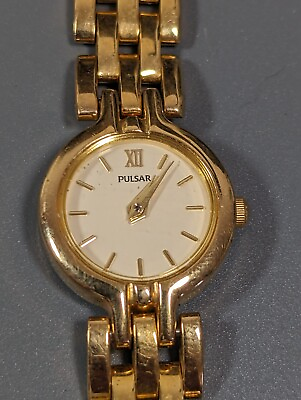 #ad Vintage Pulsar White Dial Round Gold Tone Case Link Band Watch $20.65