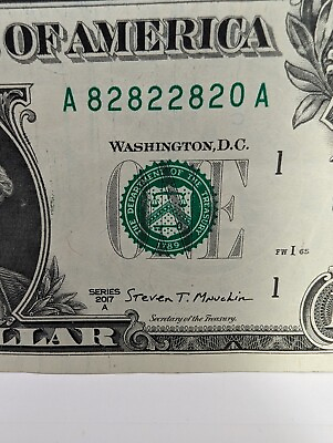 #ad TRINARY FANCY SERIAL NUMBER A82822820A ONE DOLLAR $4.99