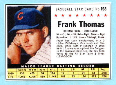 #ad 2022 1961 Cereal Card #193 Frank Thomas Chicago Cubs $5.00