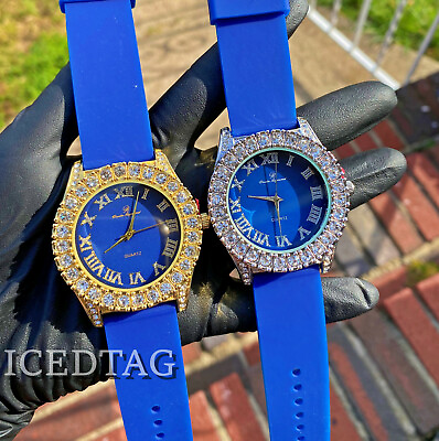 #ad UNISEX ICED BLING ED OUT SILICONE BLUE BAND STRAP QUARTZ EVERYDAY HIP HOP WATCH $21.99