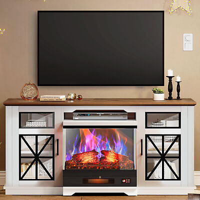 #ad 3 Sided Glass TV Stand with 24 Inch Fireplace for 65quot; TV Entertainment Center $345.99