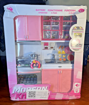 #ad Pink Mini Kids Kitchen Pretend Play Cooking Set Cabinet Stove Modern Kitchen Toy $55.00