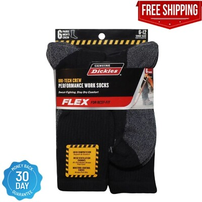 #ad 6 Pack Genuine Dickies Mens Dritech Crew Socks Moisture Control Black Size 6 12 $14.12