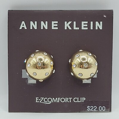 #ad ANNE KLEIN Gold Tone Dome Ball Style with Rhinestone Clip EZ Comfort Earrings $17.95