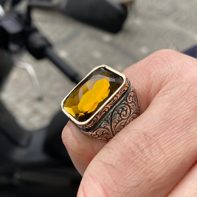 #ad Citrine Stone Ring Man Sterling Silver Ring Turkish Handmade Ring Raw Gems $79.00