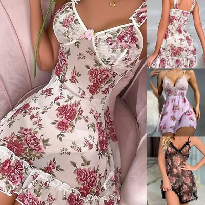 #ad Women#x27;s Sexy Lace Floral Mesh Nightwear Lingerie Nightdress Underwear Cami Dress $15.79