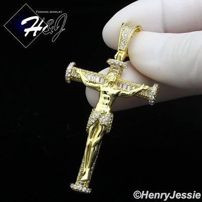 #ad MEN 925 STERLING SILVER ICY BLING CZ GOLD PLATED JESUS CHRIST CROSS PENDANT*G428 $69.99