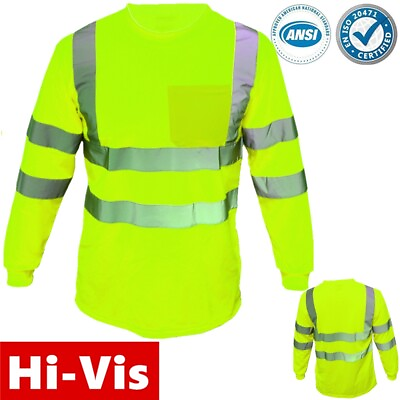 #ad High Visibility T Shirt Hi Vis Safety Green ANSI Class 3 Reflective Long Sleeve $14.88
