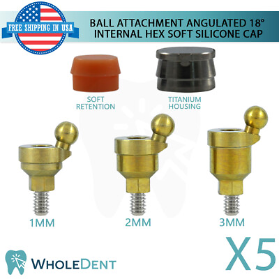 #ad 5x Angulated Ball Attachment 18° Soft Silicone Caps Dental Implant Int Hex $198.50