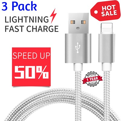 #ad 3 Pack 10 Ft Cable For iPhone X8 7 6S USB Charger Heavy Duty Charging Cord $8.99