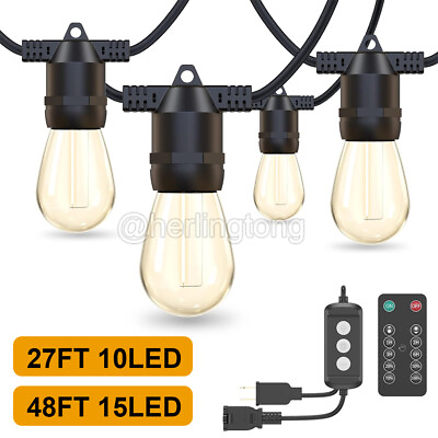 #ad 48FT Outdoor String Lights Patio Lights 15 LED S14 Bulb IP65 Waterproof w Remote $19.99