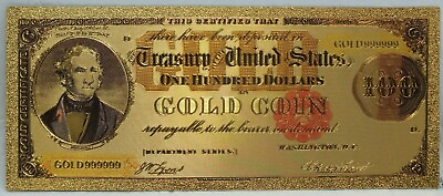 #ad 1882 $100 Gold Coin Certificate Novelty 24K Gold Foil Plated Note Bill Free Ship $2.88