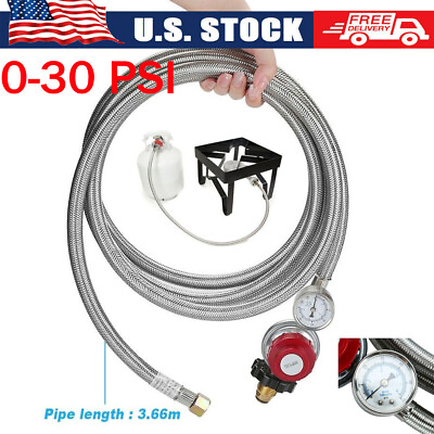 #ad High Pressure 0 30 PSI Adjustable Propane Regulator with 12FT SS Braided Hose $31.89