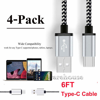 #ad 1 4 Pack 6ft Universal Braided USB Type C Charging Data Sync Charger Cable Cord $10.99
