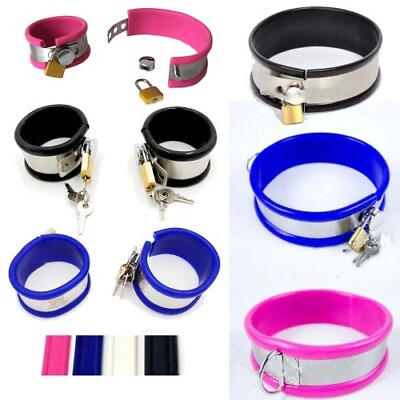 #ad SiliconeStainless Steel Silicone Wrist Handcuffs Locking Neck Collar Choker AU $70.61