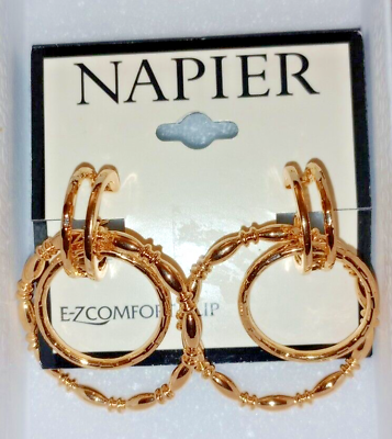 #ad Earrings Napier Gold Tone Double Hoop Clip On Hoop Comfort Earrings $19.99