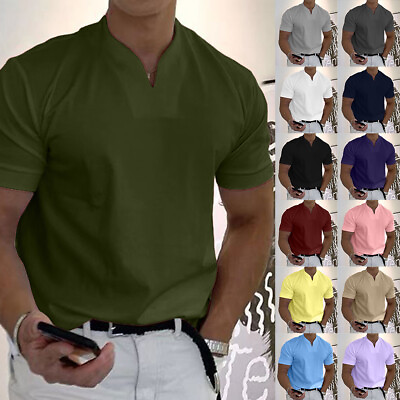 #ad Mens Solid Casual V Neck Short Sleeve T shirts Slim Fit Blouse Tops Tees OL US $14.96