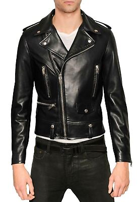 #ad New Leather Jacket Mens Biker Motorcycle Real Leather Coat Slim Fit Black #1182 $118.00