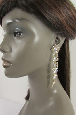 #ad Women Extra Long Gold Metal Chain Fashion Hook Earrings Rhinestone Dressy Flower $13.99