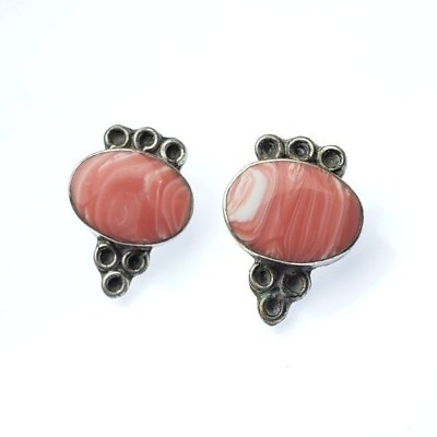 #ad Vintage Mexico Fine 925 Sterling Silver Bubble Gum Pink White Rhodonite Earrings $35.99