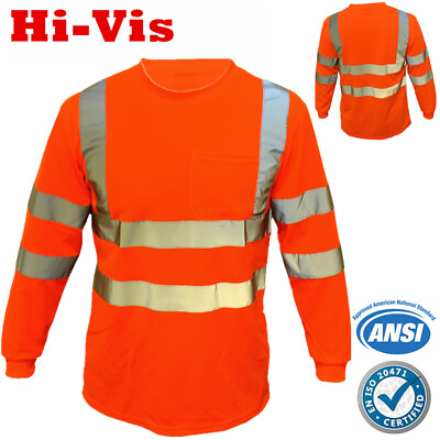 #ad Hi Vis T Shirt High Visibility ANSI Class 3 Reflective Long Sleeve Neon Orange $15.99