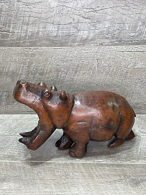 #ad Hand Carved Solid Wood Open Mouthed Hippo Figurine Vintage Estate Find $22.00