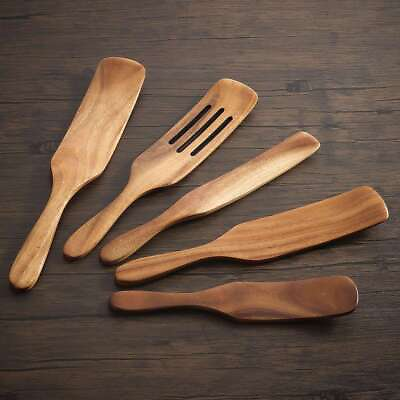 #ad Spurtle Kitchen Cooking Utensil 5pc Set Teak Wood Non Stick Wooden Spatula Spoon $15.46