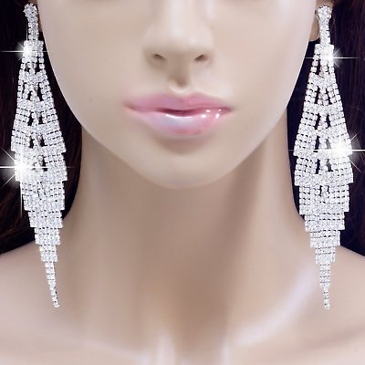 #ad #E121T 5quot; VERY LONG CLIP ON Clear Crystal BIG Chandelier Earrings Wedding Bridal $13.79
