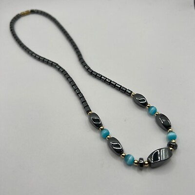 #ad Hematite Necklace Black Natural Stone Blue Striped Beads with Gold Tone Spacers $12.99