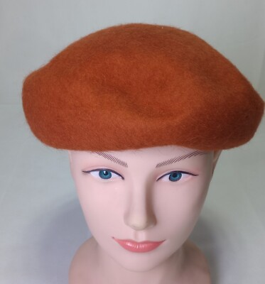 #ad Vintage Melosoie Orange Hat Baret 100% Wool USA Union Made $31.50