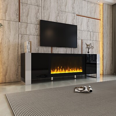 #ad Modern TV Stand with 34.2quot; Non heating Electric Fireplace High Gloss Black $449.99