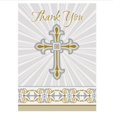 #ad Radiant Gold Silver Cross 8 Ct Thank You Notes Baptism Confirmation Communion Ch $3.59