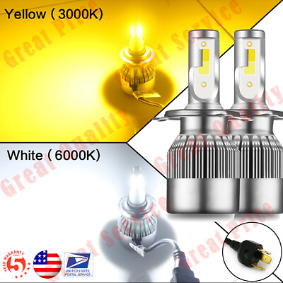 #ad H4 9003 LED Headlight Bulbs Kit 110W 26000LM Hi Lo Beam Whiteamp;Yellow Dual Color $23.64