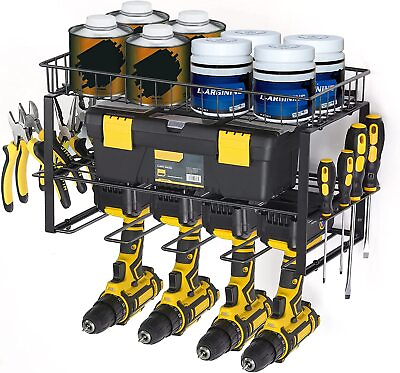 #ad Garage Power Tool Organizer 4 Drill Holders Tool Storage Rack Shelf with Basket $21.99
