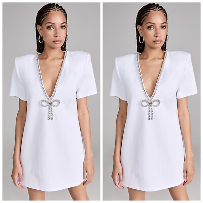 NWT Area Crystal Bow V Neck T Shirt Shirt Dress White Rhinestone XS X SMALL NEW $295.00