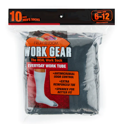 #ad 10 Pair Mens Tube Crew Sock Fruit of the Loom Heavy Duty Work Gear $24.99