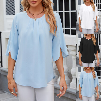 #ad Womens Long Sleeve Solid Chiffon Shirts Blouse Ladies Casual Loose T Shirts Tee $16.29
