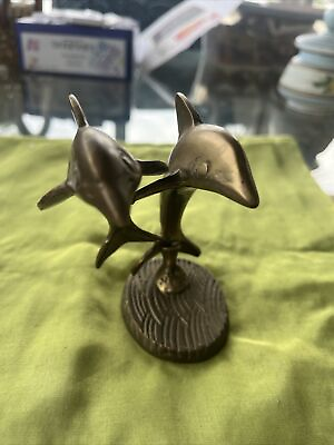 #ad Vtg Solid Brass Two Flying Dolphins Paperweight Figurine 1980 On Stand $18.99