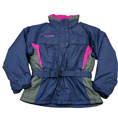 #ad Vintage Columbia Ski Winter Down Jacket Puffer Blue Pink Women#x27;s Large Belted $38.95