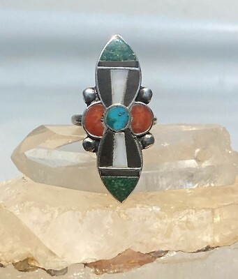 #ad Turquoise ring size 5 long flower Navajo onyx MOP coral southwest sterling silve $158.00