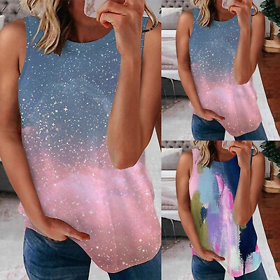 #ad Women#x27;s Printed Double Layer V Neck Sleeveless Vest Loose T Shirt $18.65