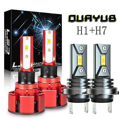 #ad H1 H7 LED Combo Headlight High Low Beam Bulbs Kit Super White Bright Lamps 4Pcs $34.99