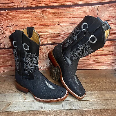 #ad Mens Stingray Cowboy Boots Print Leather Black Square Toe Bota Mantarraya Negra $135.29