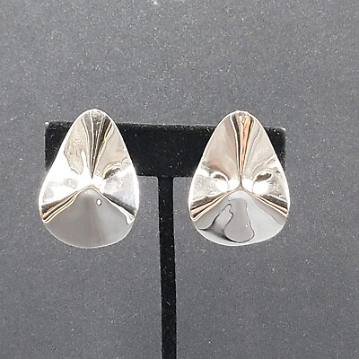 #ad Vintage Clip on Earrings Shiny Reflective Silver tone Modernist Drop 1.5quot; $14.00