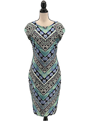 Beige By Eci Womens Microfiber Dress Blue 8 Arabesque Short Sleeves Knee Length $25.99