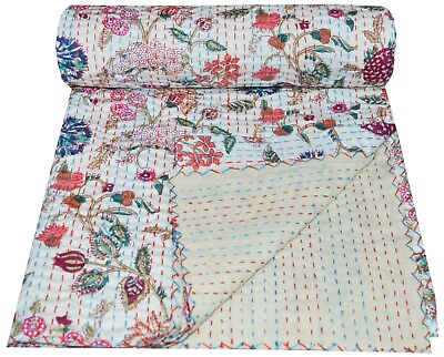 #ad Indian Handmade Floral Kantha Quilt Reversible Bedspread Twin Cotton $43.49